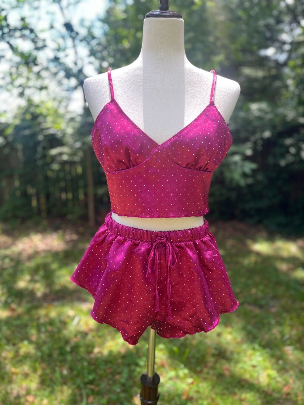 Mapalé Fuchsia Satin Studded 2PC Pajama Set Cami Shorts